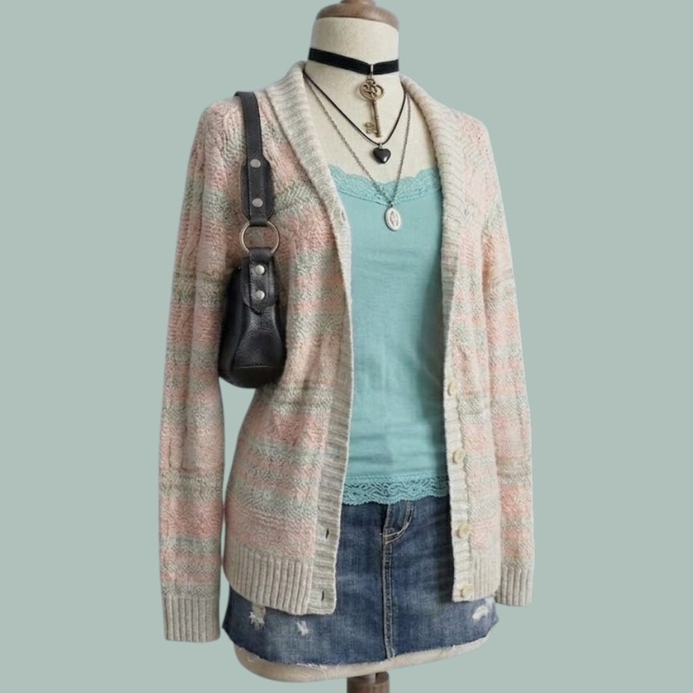 Vintage Chunky Cable Knit Sweater Fall Cozy Striped SMALL Pink Beige